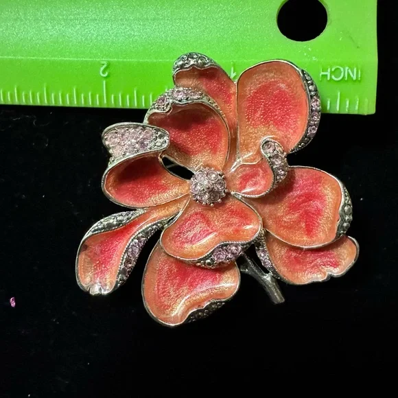 VTG Monet Orange And Pink Floral Brooch With Pink Rhinestones in Silver Setting - Picture 4 of 4